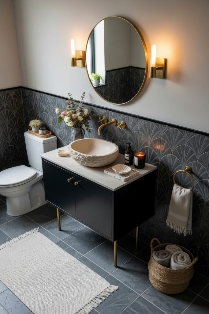 Black and Gold Bathroom Decor Ideas for Luxe Everyday Calm 12 Elegant bathroom featuring a black vanity with gold hardware, textured stone vessel sink, round mirror with brass sconces, and fresh flowers for Bathroom Decor Inspo.