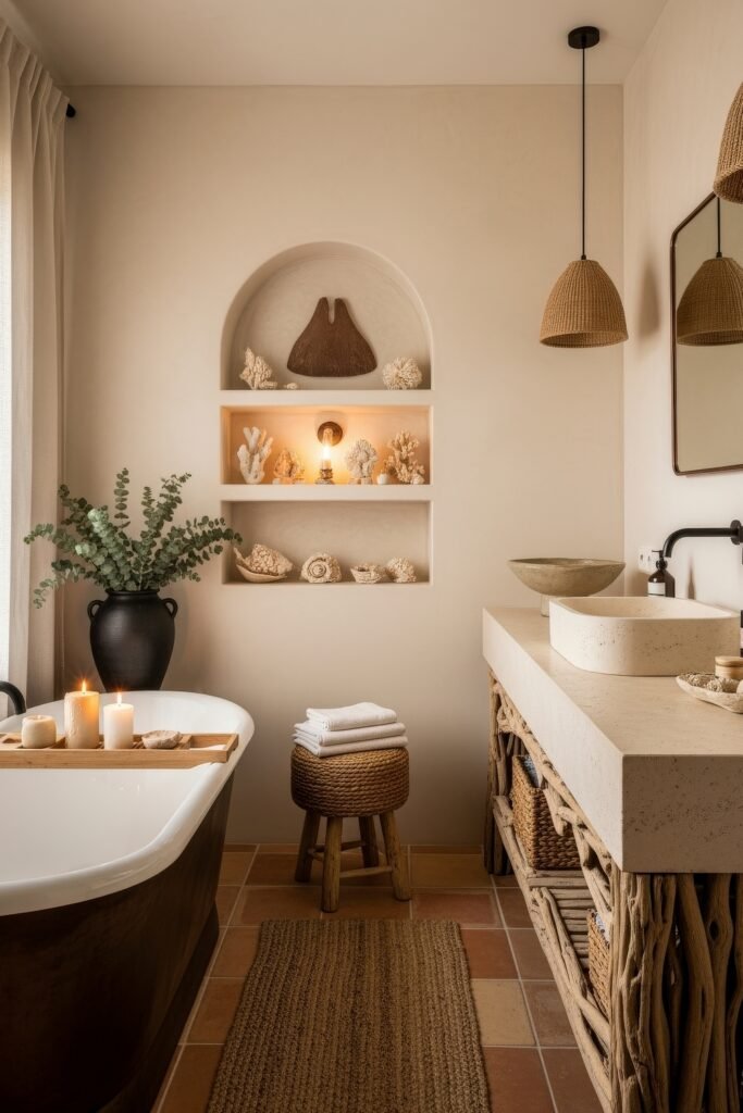 Fresh Ways to Layer Boho Bathroom Decor 13 Earthy bathroom with freestanding tub, built-in arched shelves filled with coral, stone sink, and woven accents creating organic boho bathroom decor.