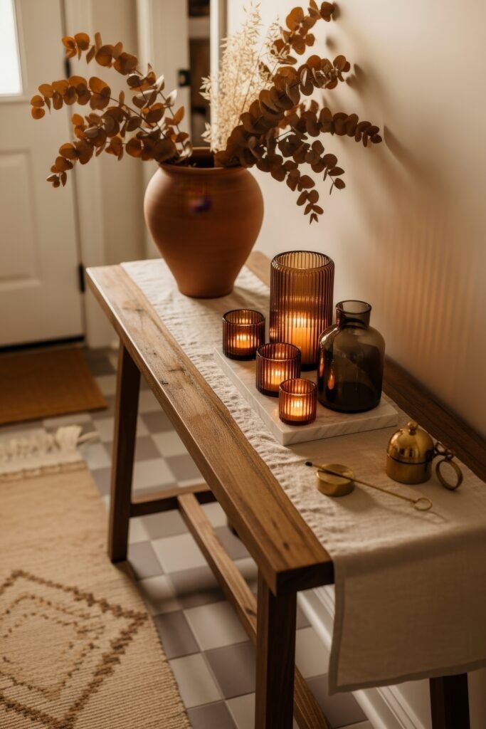 Cozy Boho Fall Decor: Ideas for Warm, Collected Style 14 Entryway console table with a terracotta vase of dried foliage, grouped amber candles, and brass accents arranged on a linen runner.