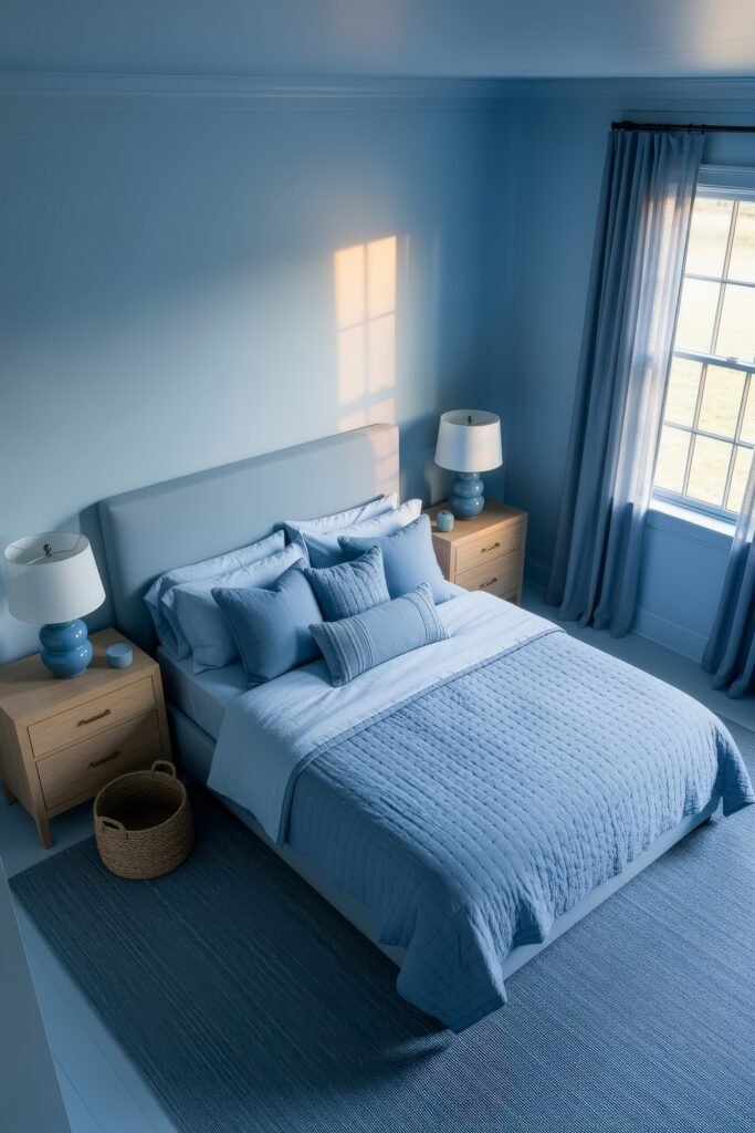Soft & Stylish: Cozy Bedroom Ideas for an Effortless Retreat 14 Calm monochromatic blue bedroom with neatly layered bedding, matching blue pillows, wooden nightstands, and natural light filtering through sheer curtains.