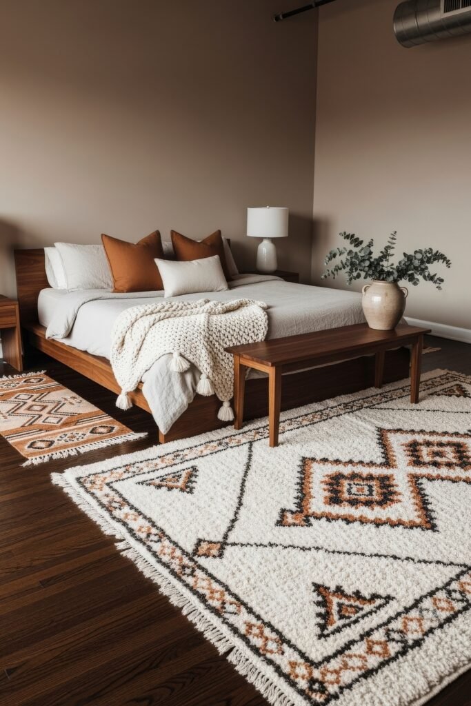 Dreamy Ways to Style a Cozy Boho Bedroom 12 Warm bedroom with minimalist design, showcasing a low-profile wooden bed, white and terracotta bedding, a chunky knit throw, and layered boho rugs in cream and earth tones, accented with a large pottery vase and eucalyptus branches.