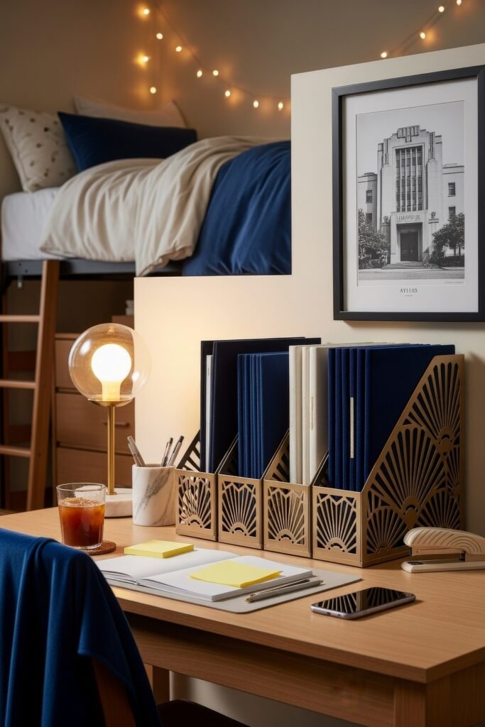 Dorm desk organization ideas for a chic glow-up 11 Dorm desk organization with gold geometric file holders, navy binders, a glowing globe lamp, and a cozy bed with string lights above.