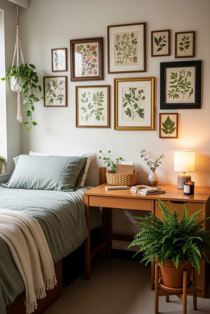 Trend-Forward dorm wall décor Ideas 10 Fresh dorm bedroom with green bedding, hanging plants, framed botanical wall décor, and a desk with candles, books, and natural woven storage accents.