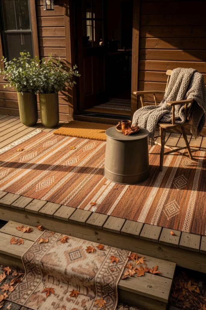 Cozy Entry Glow: Fall Porch Ideas to Try 13 Rustic wooden porch featuring patterned rugs, a cozy chair draped with a chunky knit throw, and potted greenery by the door.