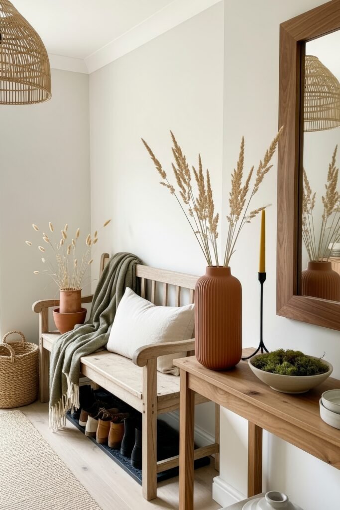 Fresh farmhouse fall decor Ideas for a Cozy, Modern Home 13 Entryway with a wooden bench, soft pillow, cozy throw, terracotta vases filled with dried grasses, and a woven basket, styled with simple fall decor.
