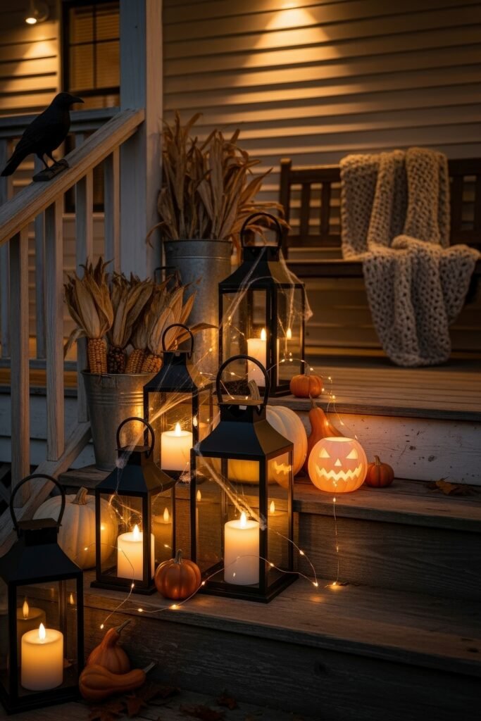 Chic Farmhouse Halloween: 13 Cozy, Stylish Decor Ideas 11 Front porch decorated with glowing lanterns, pumpkins, cornstalks in metal buckets, a jack-o’-lantern, string lights, and a crow figurine for farmhouse Halloween charm.