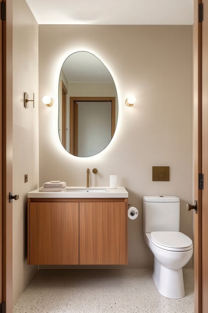 Half Bathroom Decor, Elevated: Jewel-Box Ideas 12 Warm modern bathroom decor with a floating vanity, oval backlit mirror, brass fixtures, and beige walls.