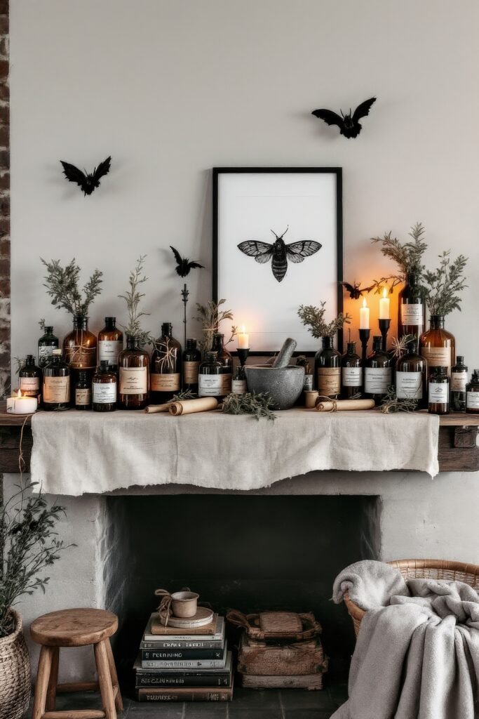 Spooky-Chic Halloween Fireplace Décor: Stylish Mantel Ideas 13 A stone fireplace with a linen-draped mantel filled with labeled potion bottles, rolled scrolls, herbs, and black candles beneath a framed moth print and bat accents for a witchy Halloween setup.