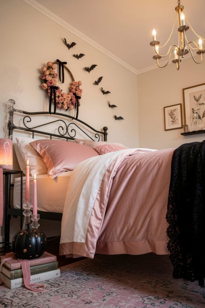 Spooky-Chic Magic: halloween home décor Ideas You’ll Love 14 Bedroom styled with pink bedding, a rose wreath with black ribbon, bat wall accents, and a black pumpkin lantern on stacked books.