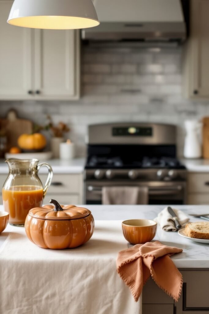 Fresh Ideas for your halloween kitchen 10 A simple kitchen breakfast table featuring a pumpkin-shaped dish, orange napkin, pumpkin mug, toast, and a pitcher of juice for a cozy autumn morning.