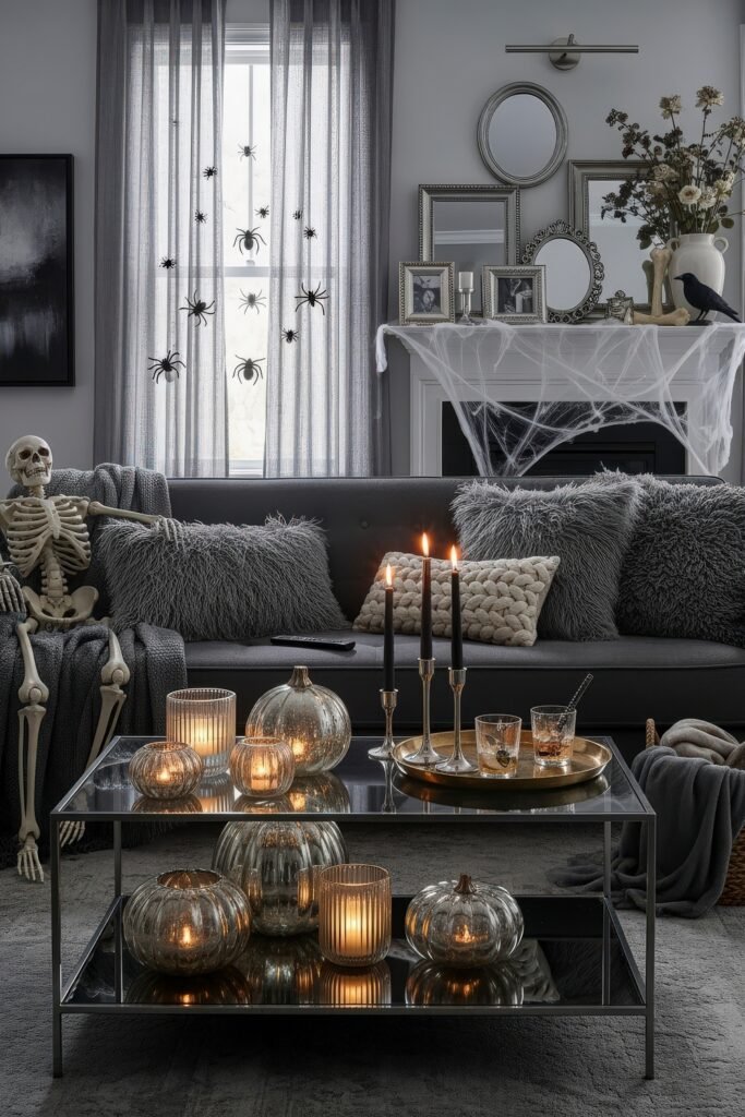 Stylish halloween living room Ideas: 15 Fresh Styles 12 Spooky-Chic Halloween Home styled in silver and gray tones with glowing glass pumpkins, black candles, cobwebs, and spiders on sheer curtains.