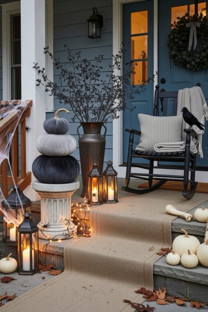 Spooky-Chic halloween porch ideas for Instant Curb Appeal 13 Spooky-Chic Halloween Home with velvet pumpkins on a pedestal, lanterns, string lights, and a rocking chair accented with a raven.