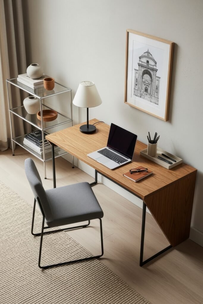 Ideas to Nail a Luxury Apartment Aesthetic 12 Minimalist home office with a wooden desk, laptop, and framed architectural sketch, paired with a metal shelving unit and soft grey chair.