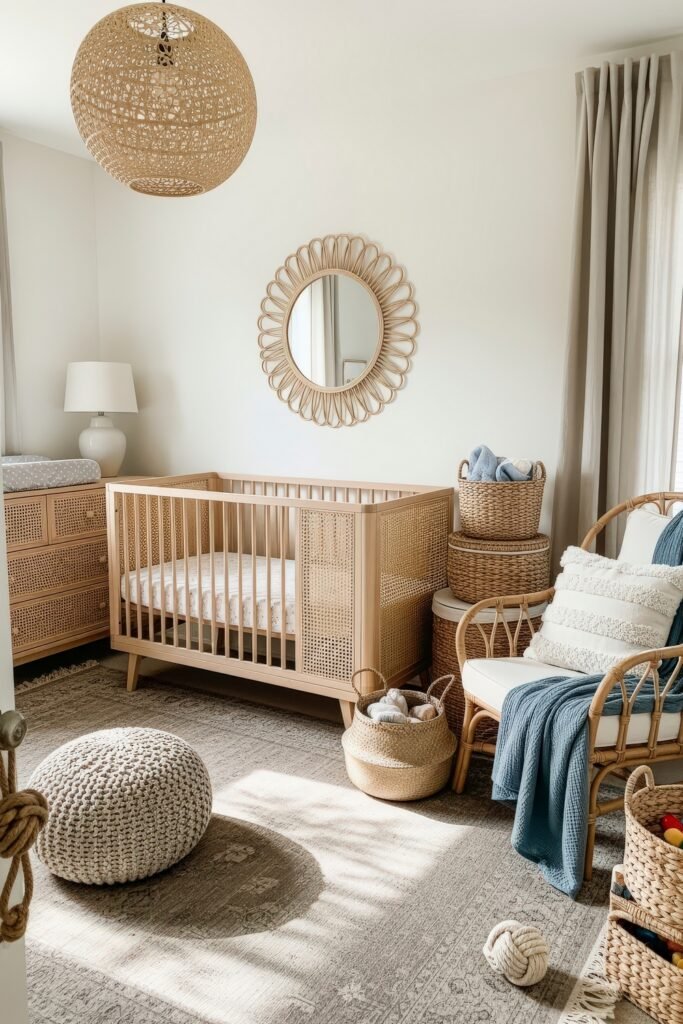 Fresh nautical nursery ideas for a calm, stylish baby room 12 Sunlit nursery featuring a cane crib, rattan furniture, layered baskets, and cozy textiles, creating a dreamy nursery bedroom.