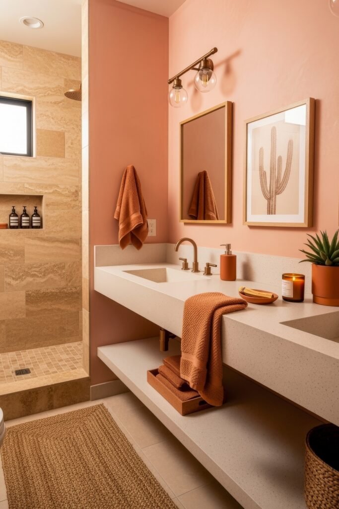 Fresh Ways to Style Pink Bathroom Decor: Looks That Glow 14 Contemporary bathroom with peach-pink walls, a wide vanity with double sinks, and natural stone shower tiles, accented by warm towels, candles, and desert-inspired pink bathroom decor.