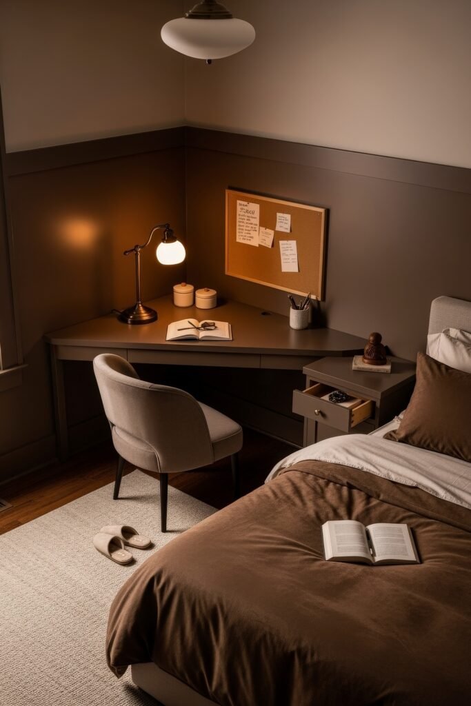Small Bedroom Office Combo Ideas That Actually Look Chic 14 Warm-toned bedroom corner with a gray corner desk, corkboard, reading lamp, and upholstered chair beside the bed.