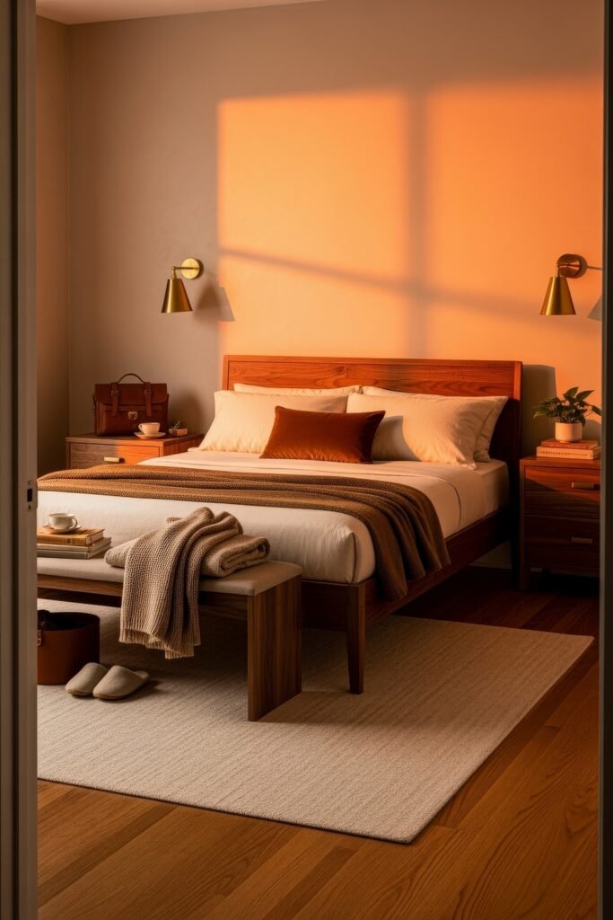 Small Bedroom Style Ideas: 15 Chic Looks That Work 15 Golden sunset light filling a small bedroom with wood furniture, layered neutral bedding, and a burnt orange accent pillow.