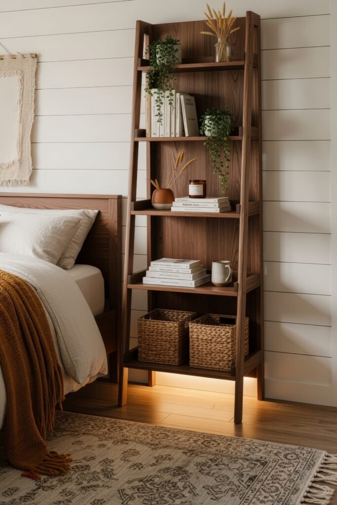 Smart, Stylish Storage Ideas for Small Bedrooms 14 Ladder-style wooden shelving unit with books, plants, candles, and woven baskets, adding vertical storage to a cozy bedroom.