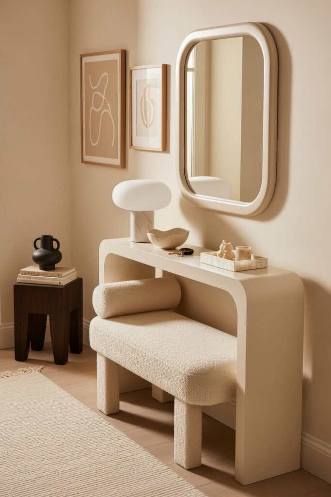 Chic Ideas for Aesthetic Apartment Decor That Feels Effortless 14 Minimalist hallway with a cream console table, textured bench, abstract wall art, and sculptural lamp, styled with soft neutral tones.