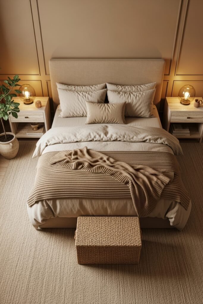 Soft & Stylish: Cozy Bedroom Ideas for an Effortless Retreat 15 Warm neutral-toned cozy bedroom with layered beige bedding, textured knit throw, rattan storage bench, and soft glowing bedside lamps.