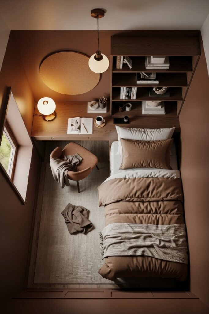 Small Bedroom Office Combo Ideas That Actually Look Chic 15 Compact bedroom with brown walls, single bed, built-in desk, bookshelves, and a cozy reading setup under warm lighting.