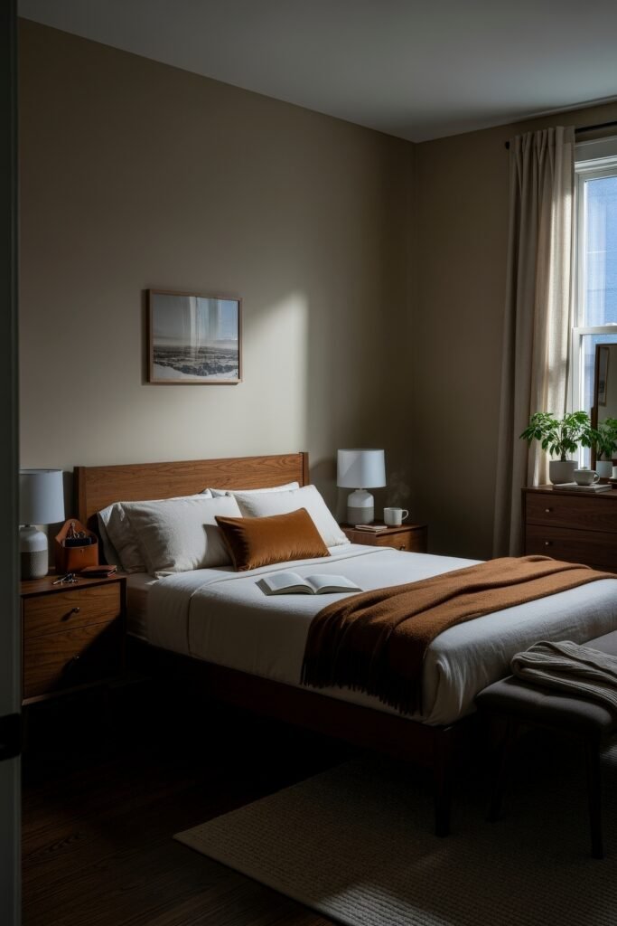 Small Bedroom Style Ideas: 15 Chic Looks That Work 16 Moody small bedroom with dark wood furniture, white bedding, and warm rust-colored accents, lit softly by natural daylight.