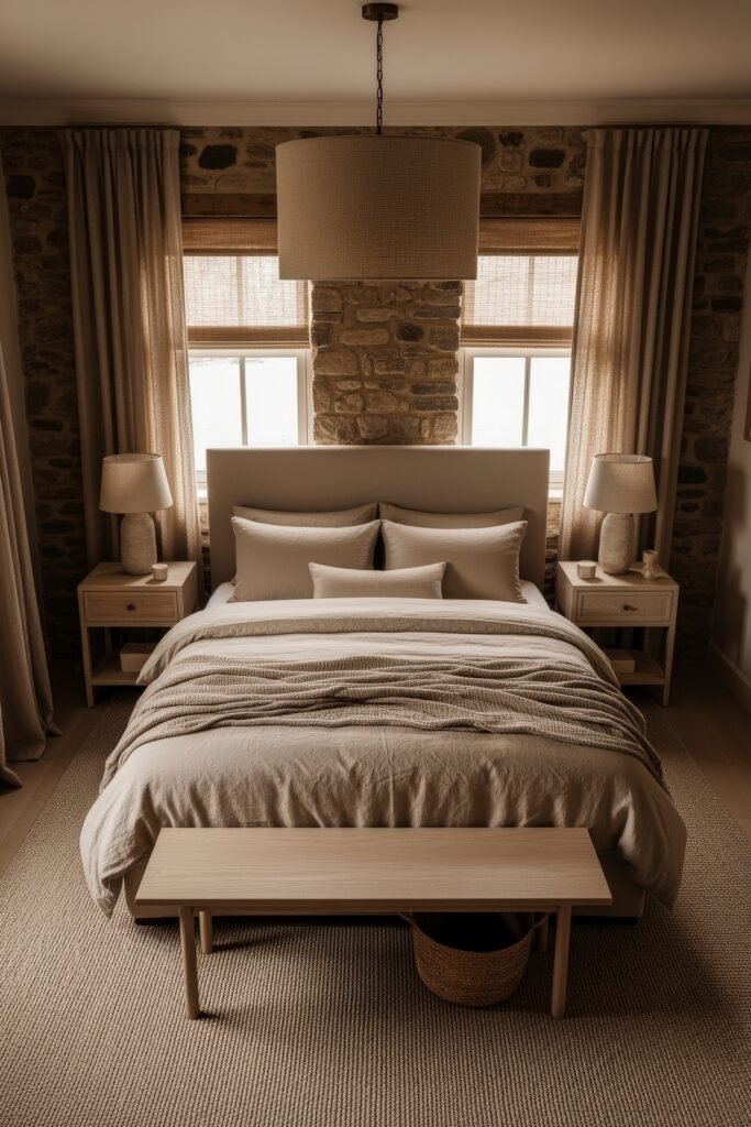 Soft & Stylish: Cozy Bedroom Ideas for an Effortless Retreat 16 Rustic bedroom with stone accent wall, soft beige bedding, matching curtains, and a light wooden bench at the foot of the bed.