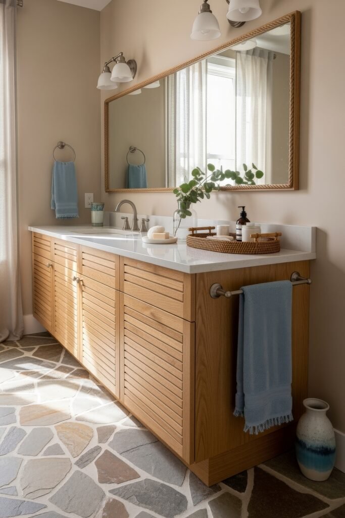 Bathroom Decor Ideas for Calm, Color, and Character 8 Spa-inspired bathroom with slatted wood cabinets, a wide mirror, natural stone flooring, and a soft neutral palette, offering functional yet elegant bathroom decor.