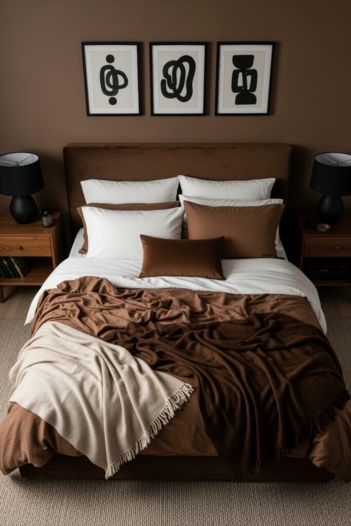 Chic Ideas for a Brown Apartment Aesthetic 10 Stylish bedroom with a rich brown upholstered headboard, crisp white and caramel-toned pillows, and layered throws in chocolate, tan, and cream, framed by abstract black-and-white artwork—embodying a refined brown apartment aesthetic.