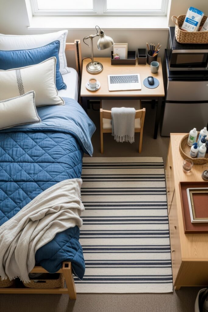 Dorm Room Ideas for Guys That Feel Grown 10 Compact dorm room glow-up with a navy quilted comforter, striped rug, small desk with lamp and laptop, and organized shelves with toiletries and storage baskets.