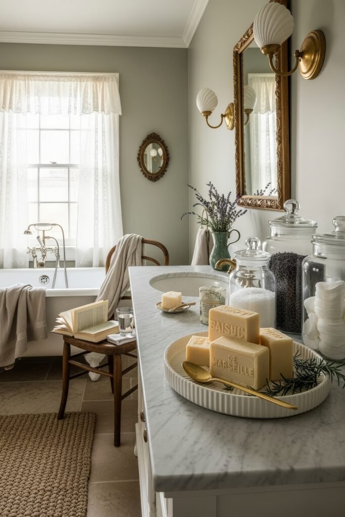 Elegant Ways to Layer french vintage bathroom décor 11 Serene bathroom with a clawfoot tub, marble vanity, glass jars of bath essentials, and a tray of French Marseille soaps styled with sprigs of lavender.