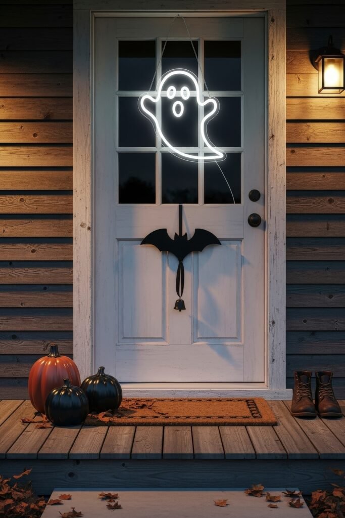 Chic halloween door hangers to elevate your entry 10 White farmhouse door with a glowing neon ghost, black bat-shaped Halloween door hanger, and pumpkins arranged on the porch.