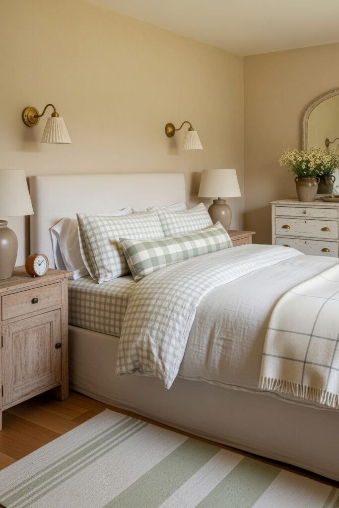 Sweet Ideas for a Romantic Cozy Farmhouse Bedroom 10 Serene cozy bedroom with sage green gingham bedding, a long plaid bolster pillow, and vintage wood furniture accented by fresh flowers.