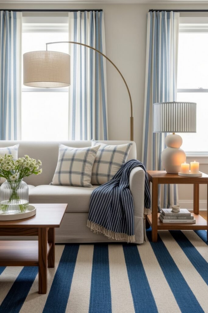 Chic Ideas for Aesthetic Apartment Decor That Feels Effortless 15 Coastal-inspired living room with a white sofa, striped curtains, checkered pillows, and a blue-striped rug, accented by fresh flowers and warm candlelight.