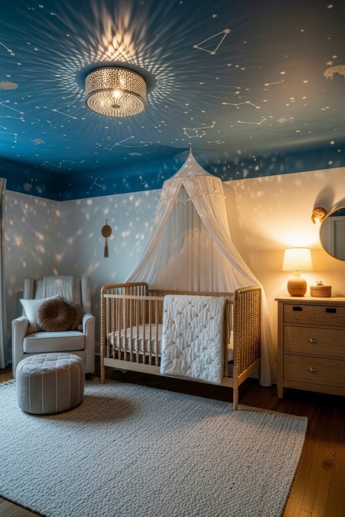Dreamy Nursery Bedrooms: Baby Nursery Ideas for Boy 12 Starry night-themed baby nursery with constellation ceiling, glowing pendant light, rattan crib draped with a white canopy, and cozy reading chair.