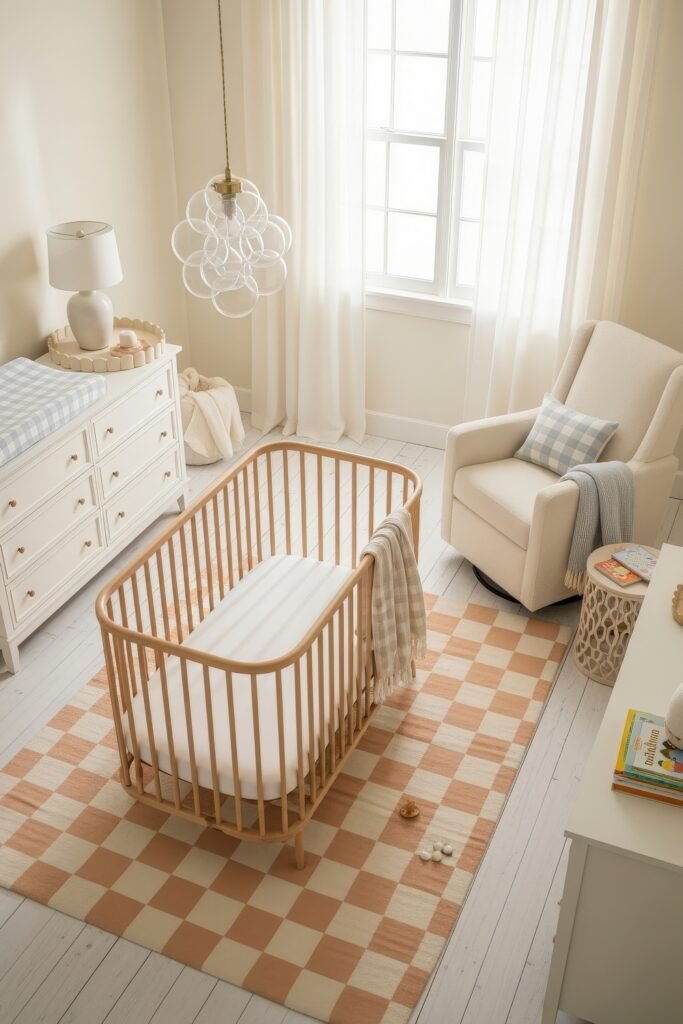 Dreamy & Stylish Baby Nursery Ideas for Girl 11 Bright nursery with a wooden crib on a peach and cream checkered rug, white dresser, cozy armchair, and airy curtains, styled for a dreamy nursery bedroom.