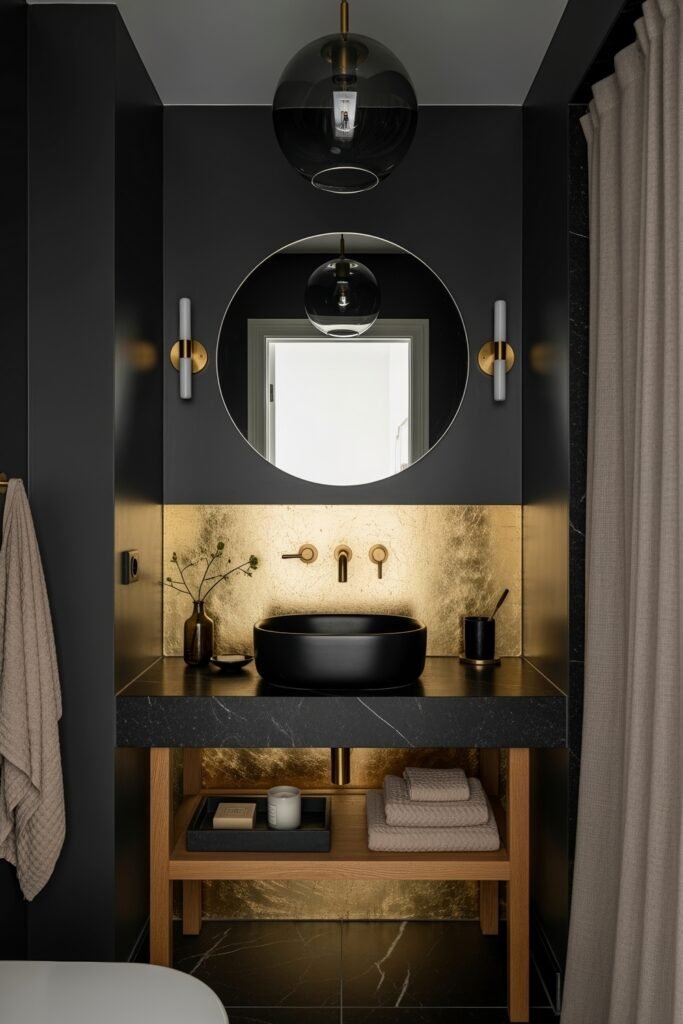 Black and Gold Bathroom Decor Ideas for Luxe Everyday Calm 13 Luxurious black and gold bathroom with a round mirror, matte black vessel sink, gold backsplash, and modern pendant light, a bold take on black and gold bathroom decor ideas.