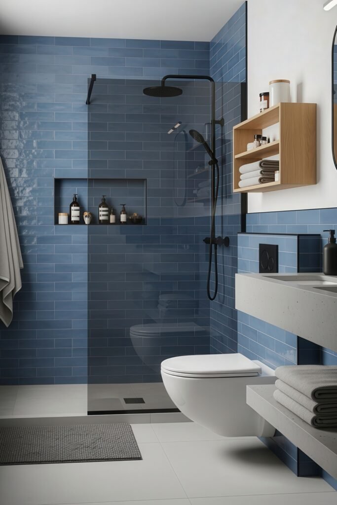 Blue Bathroom Decor: Fresh, Wow-Worthy Ideas 13 Modern bathroom with matte blue subway tiles, black fixtures, and floating vanity shelves for sleek blue bathroom decor.