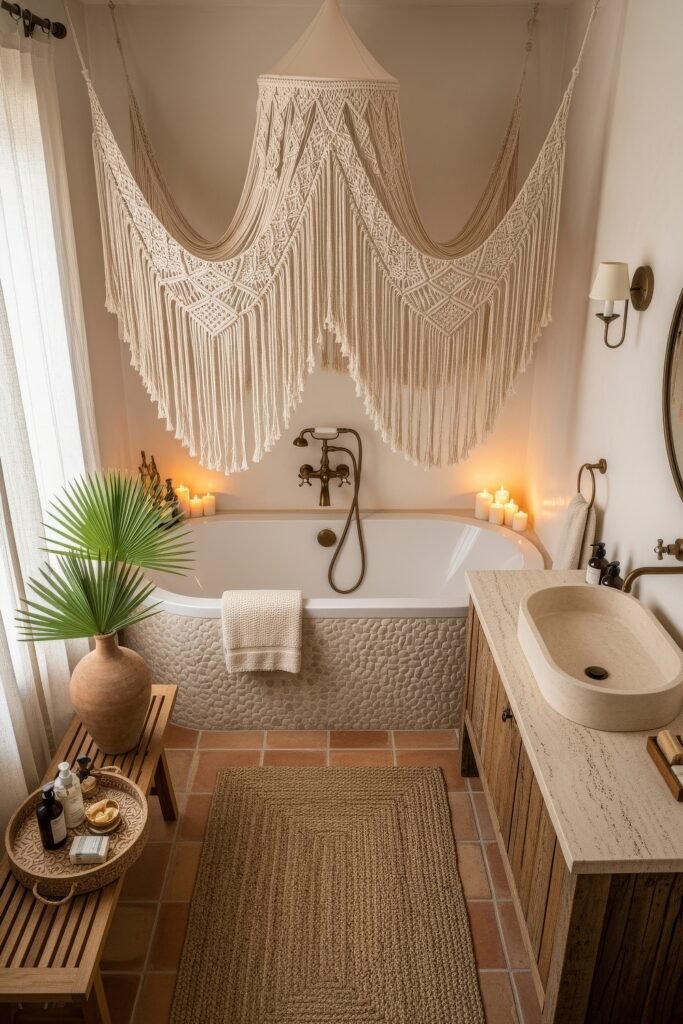 Fresh Ways to Layer Boho Bathroom Decor 14 Relaxed bathroom with freestanding tub, pebbled tile base, large macrame canopy, candles, and rustic vanity for cozy Bathroom Decor Inspo.
