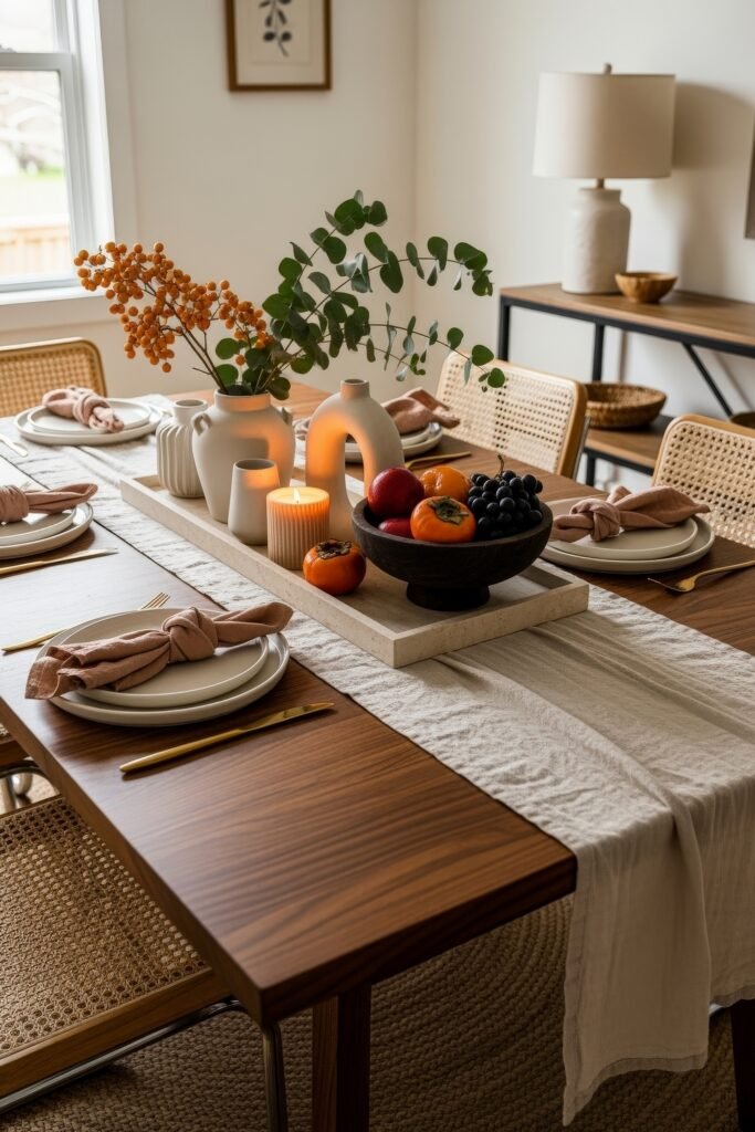 Cozy Boho Fall Decor: Ideas for Warm, Collected Style 15 Autumn dining table centerpiece featuring sculptural vases with berries and greenery, a bowl of seasonal fruit, and glowing candles on a textured runner.