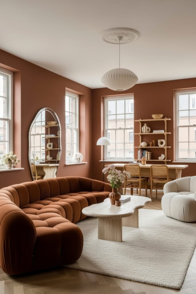 Chic Ideas for a Brown Apartment Aesthetic 11 Bright living space with terracotta walls, a plush rust-colored sectional, sculptural travertine coffee table, and dining area with natural wood furniture, reflecting a warm and aesthetic apartment decor.