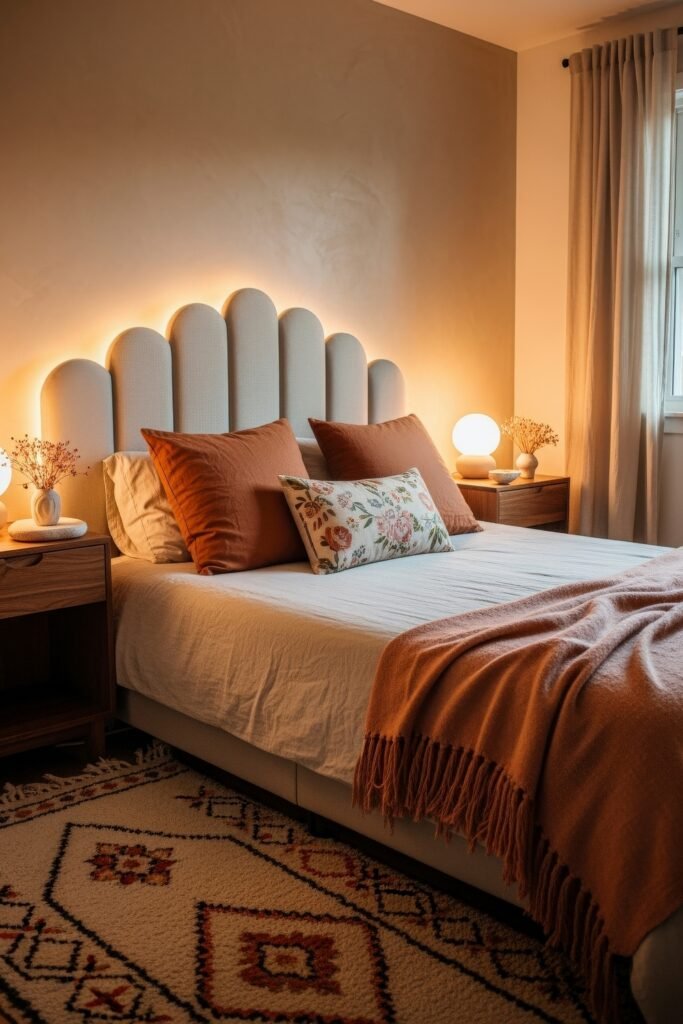 Dreamy Ways to Style a Cozy Boho Bedroom 13 Softly lit bedroom with a scalloped headboard, glowing ambient lights, rust-toned pillows and blanket, floral accent cushion, and a plush boho rug, creating a warm and inviting cozy boho bedroom aesthetic.