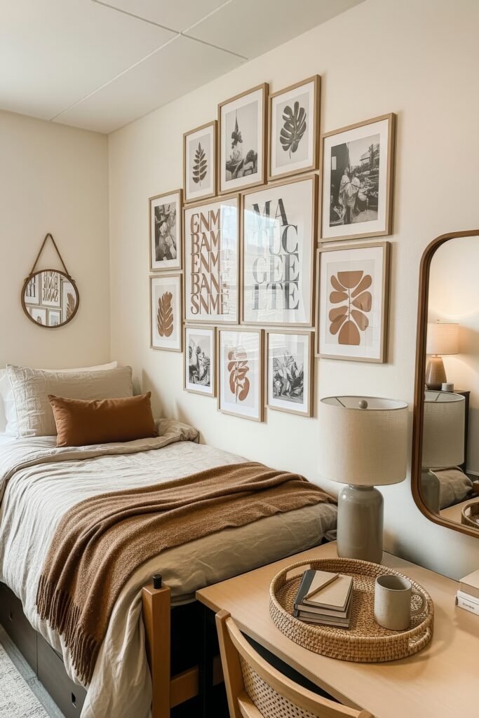 Trend-Forward dorm wall décor Ideas 12 Neutral dorm setup featuring a bed with tan bedding, a large gallery of typography and botanical dorm wall décor, and a woven tray with books and a mug on the desk.