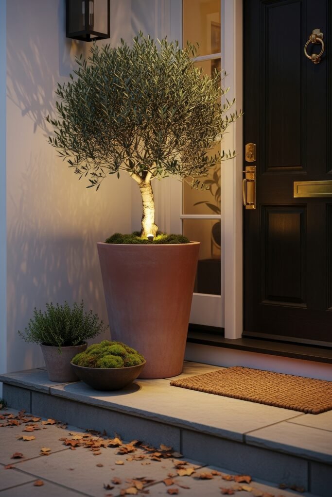 Cozy Entry Glow: Fall Porch Ideas to Try 14 Elegant front porch with a large potted olive tree, soft lighting, moss accents, and a black door framed by autumn leaves.