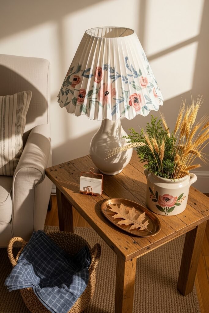 Fresh farmhouse fall decor Ideas for a Cozy, Modern Home 14 Wooden side table with a floral lampshade, ceramic crock of wheat stems, copper tray, and woven basket, styled with warm farmhouse fall decor.