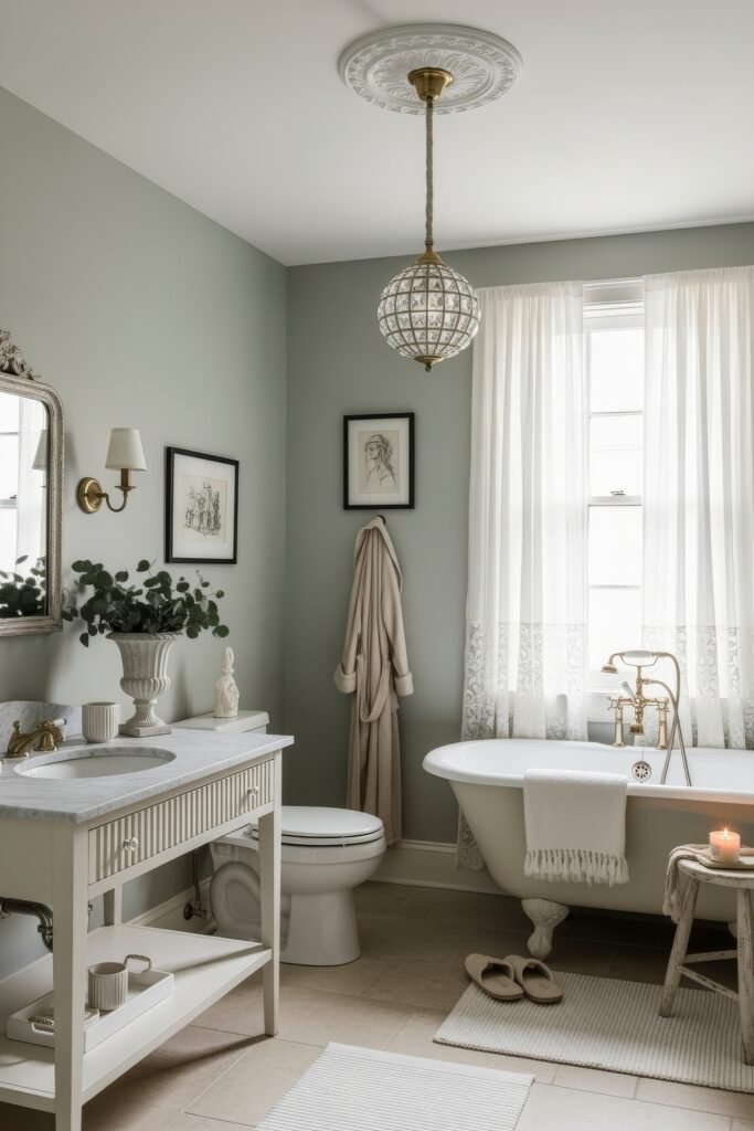 Elegant Ways to Layer french vintage bathroom décor 12 Elegant bathroom with soft green walls, clawfoot tub, crystal pendant light, and a marble vanity decorated with classic urns and framed sketches.