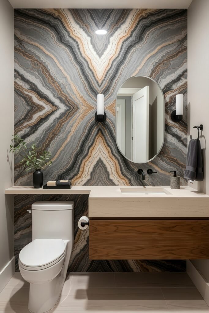 Half Bathroom Decor, Elevated: Jewel-Box Ideas 13 Striking half bathroom design with a bold agate-patterned accent wall, floating vanity, oval mirror, and black sconces.