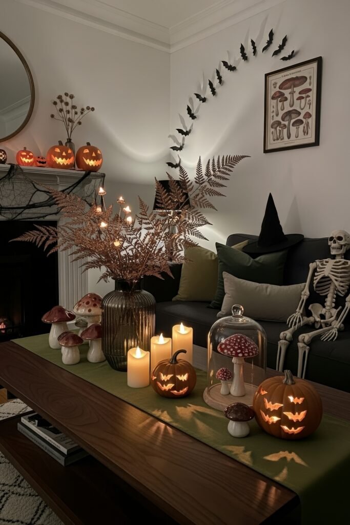 Spooky-Chic Magic: halloween home décor Ideas You’ll Love 15 Cozy living room featuring jack-o’-lanterns, glowing candles, ceramic mushrooms, and a skeleton in a witch hat, blending forest and halloween home décor.