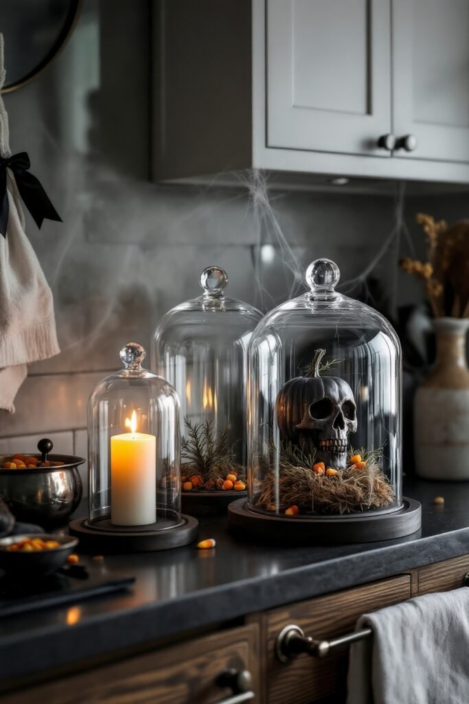 Fresh Ideas for your halloween kitchen 11 A halloween kitchen counter styled with glass cloches holding a candle, dried greenery, candy corn, and a black skull pumpkin, surrounded by cobwebs for a spooky-chic look.