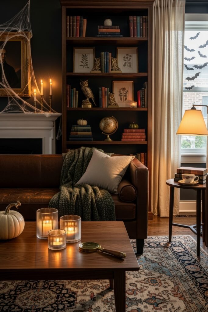 Stylish halloween living room Ideas: 15 Fresh Styles 13 Warm halloween living room with vintage bookshelf, cobwebs, candles, and bat silhouettes by the window.